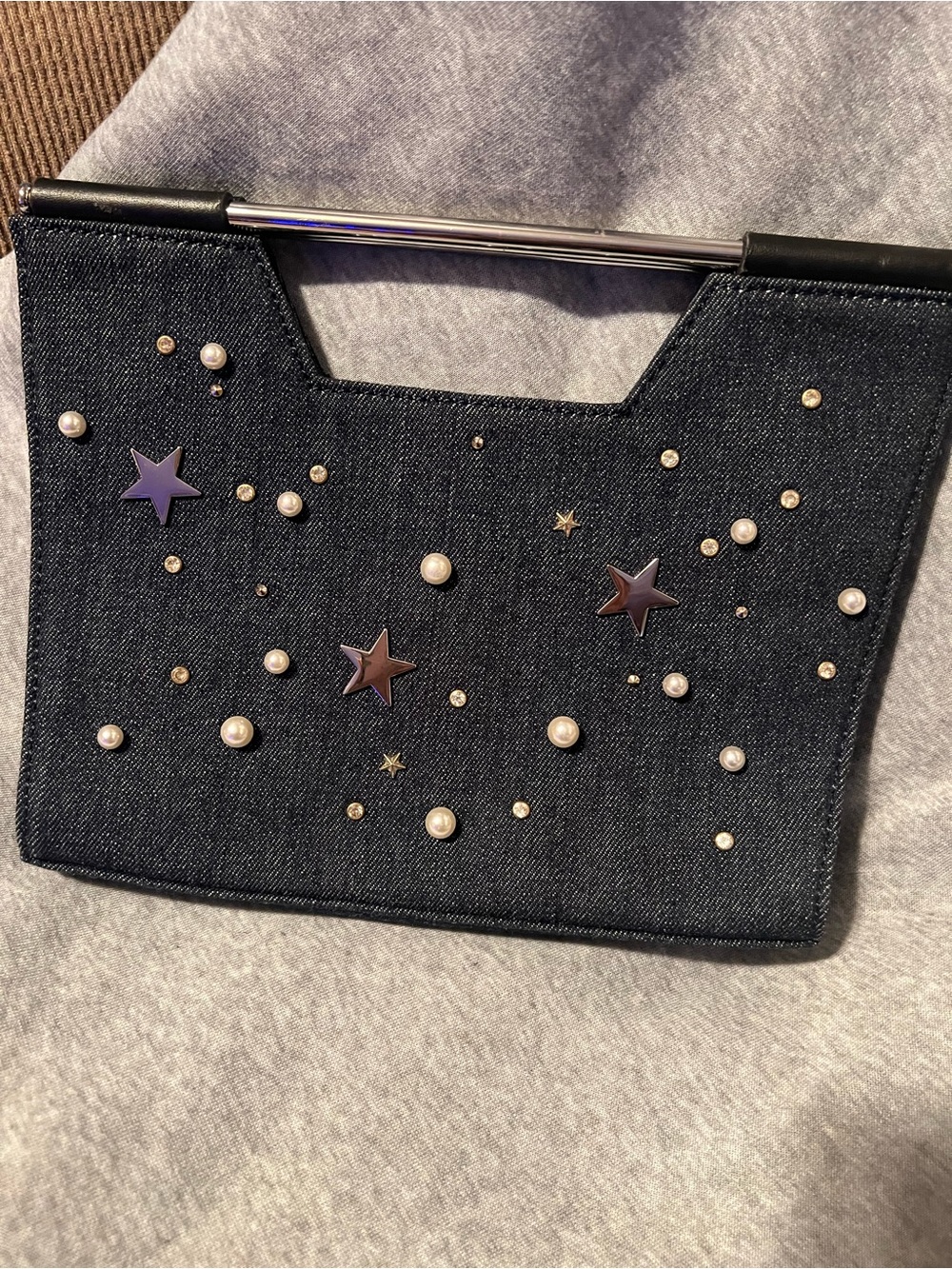 Pearl & Star Embellished Dark Denim Clutch